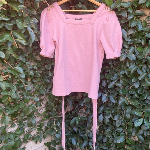 Current Air Anthropologie Blush Pink Belted Tie Waist Puff Sleeve Blouse Top - Picture 2 of 8